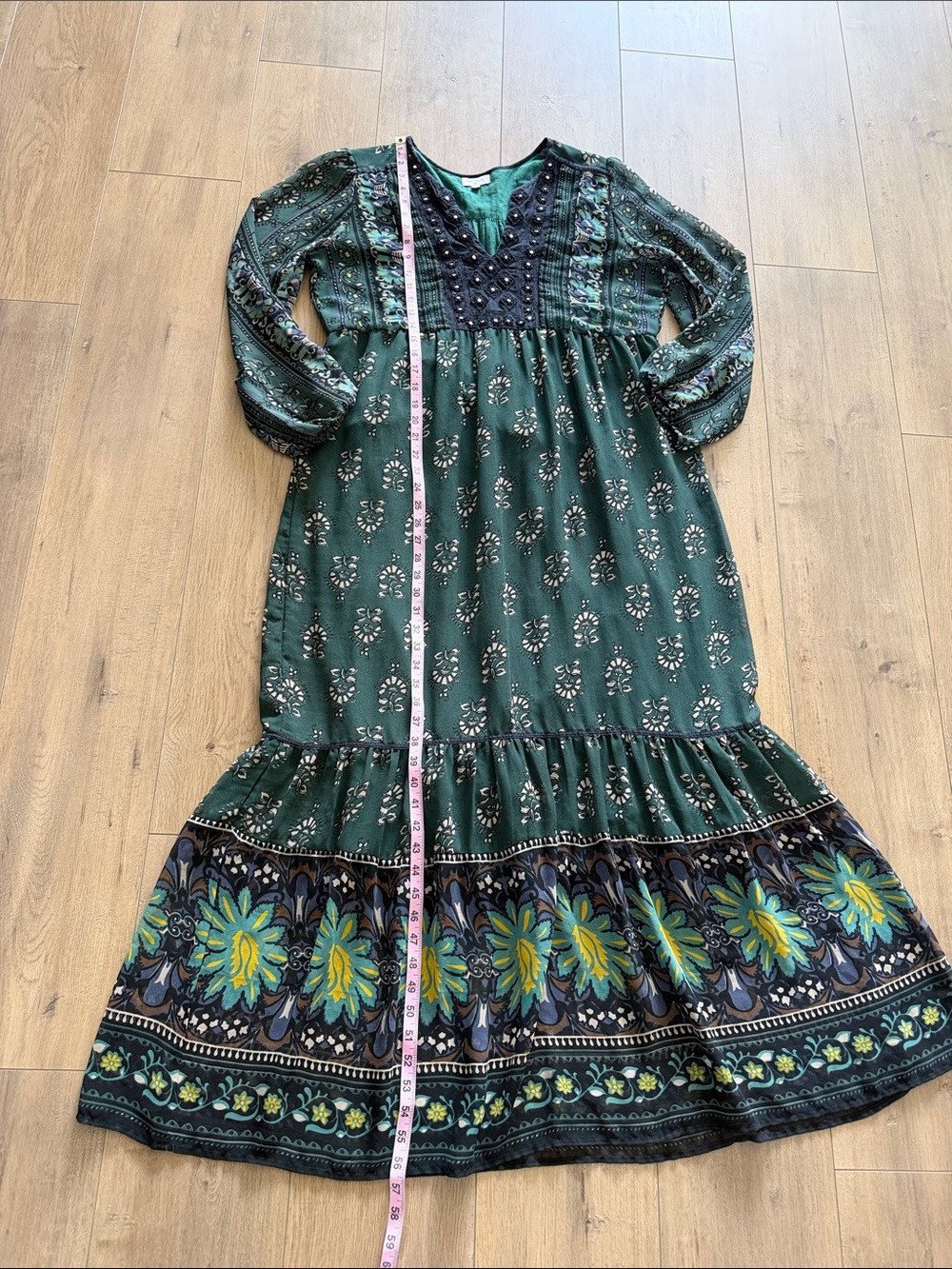 Cost Plus Boho Green Printed Tiered Maxi Dress Embellished Yoke Size L/XL Sheer - Picture 10 of 10